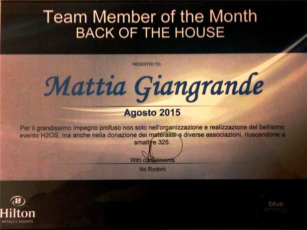 Mattia Giangrande premiato per l'evento H2Os - Hilton Mulino Stucky